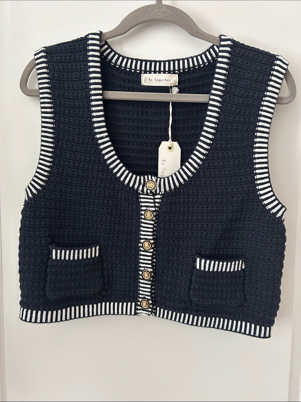 By Together Navy Crocheted Button-Front Vest with White Stripe Trim